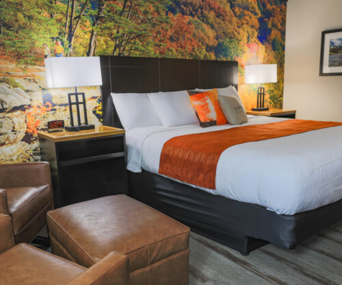 A mural is situated behind a king bed in a room at Shawnee State Park Lodge