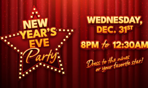 A graphic that says, "New Year's Eve Party Wednesday December 31st 8 p.m. to 12:30 a.m. Dress to the nines or your favorite star."