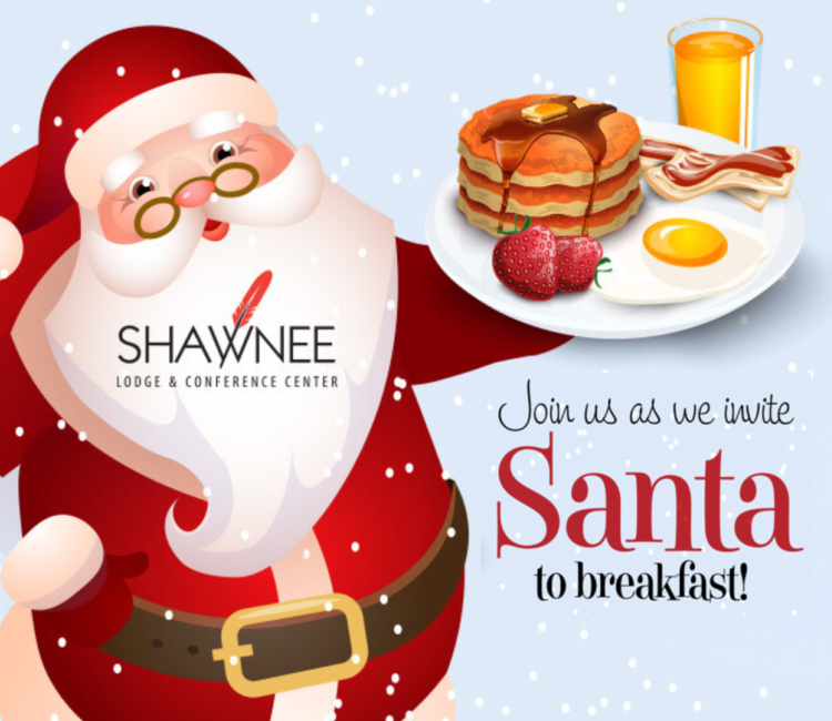 A graphic of Santa Claus holding up a plate of breakfast food. There is text on the image that says, "Join us as we invite Santa to breakfast."