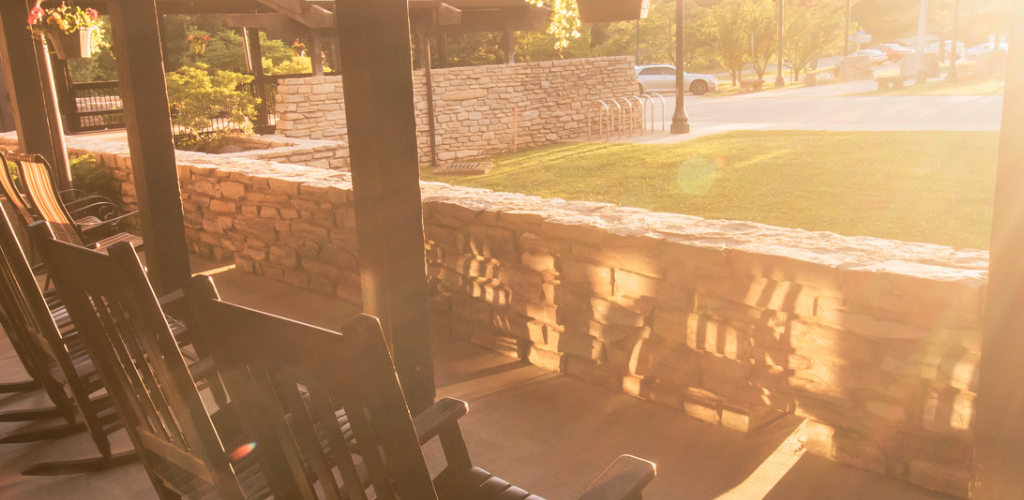 Line of Rocking Chairs overlooking the lodge entrance